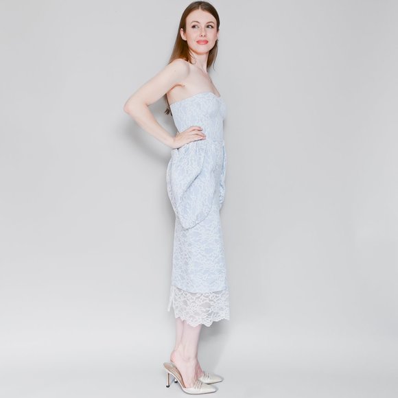 640. CALVIN LUO Blue Lace Overlay Strapless Peplum Dress M - Picture 4 of 12